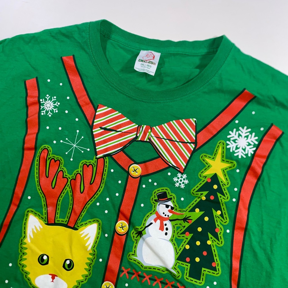 Dec. 25th Mens Ugly Christmas Sweater Graphic T-Shirt Green 2XL Santa‎ Snowman